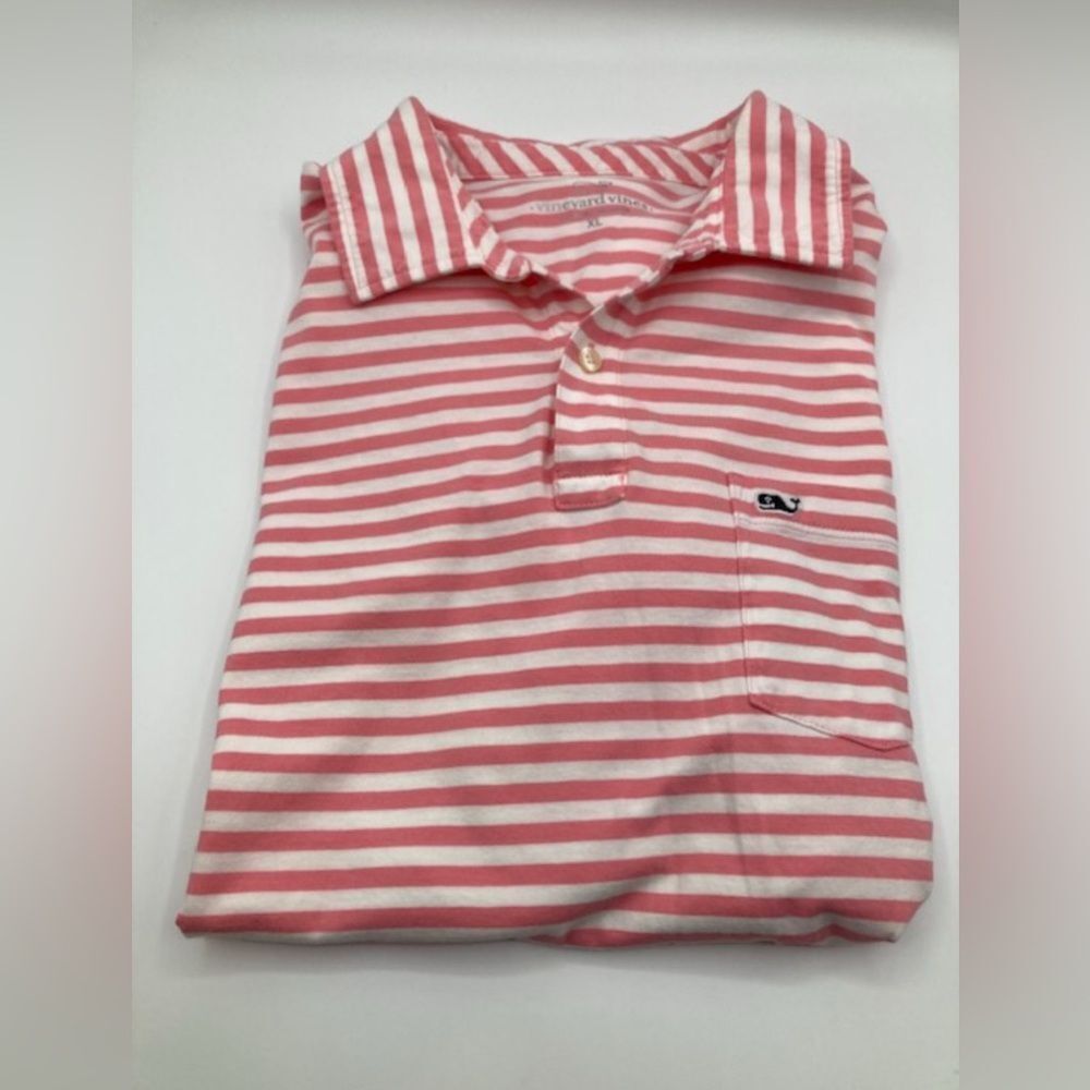 Vineyard Vines Men’s Polo Pique Shirt Short Sleeve Pink White Stripes Size XL
